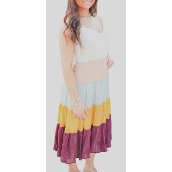 NWT Voy Linen Blend Spaghetti Strap Multi Color Dress W/ Smocked Back~Medium - Picture 8 of 9